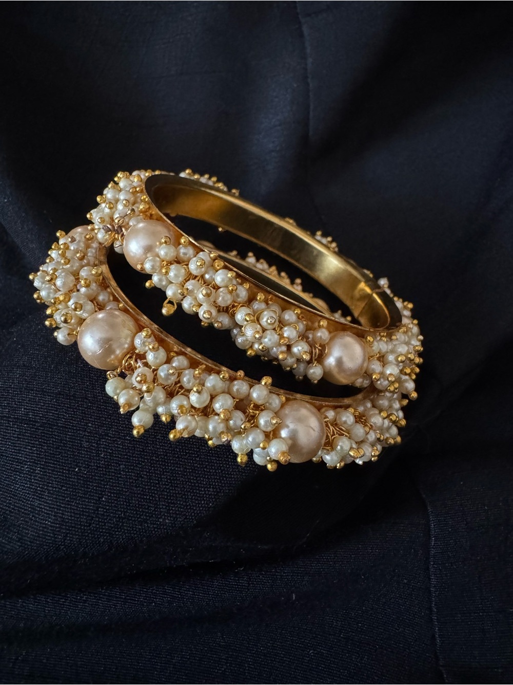 Gold and Cream Pearl Cluster Bangle Set - Women Jewelry